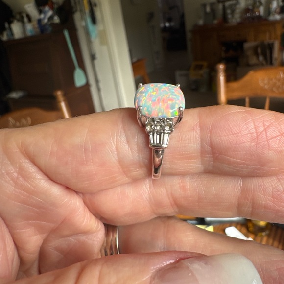 Sterling Silver Lab Opal & White Sapphire Cocktail Ring – Size 6 - Picture 3 of 8